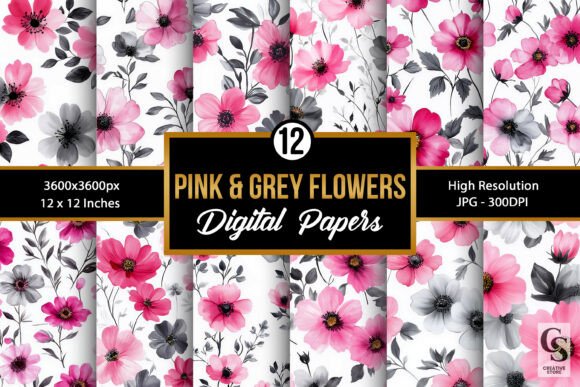 Pink Grey Watercolor Flowers Patterns