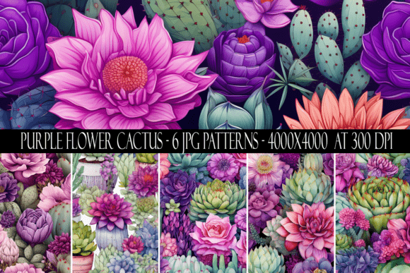 Purple Flower Cactus Seamless Patterns