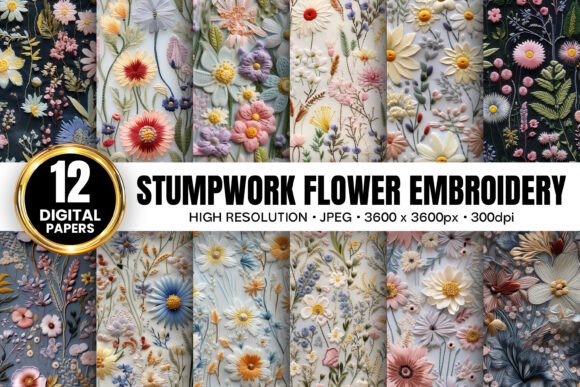 Stumpwork Floral Embroidery Patterns: Digital Design Assets